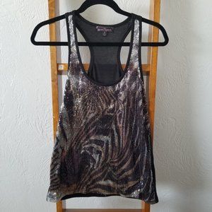 Black T Back Tank with Sequin Zebra Design Sz S